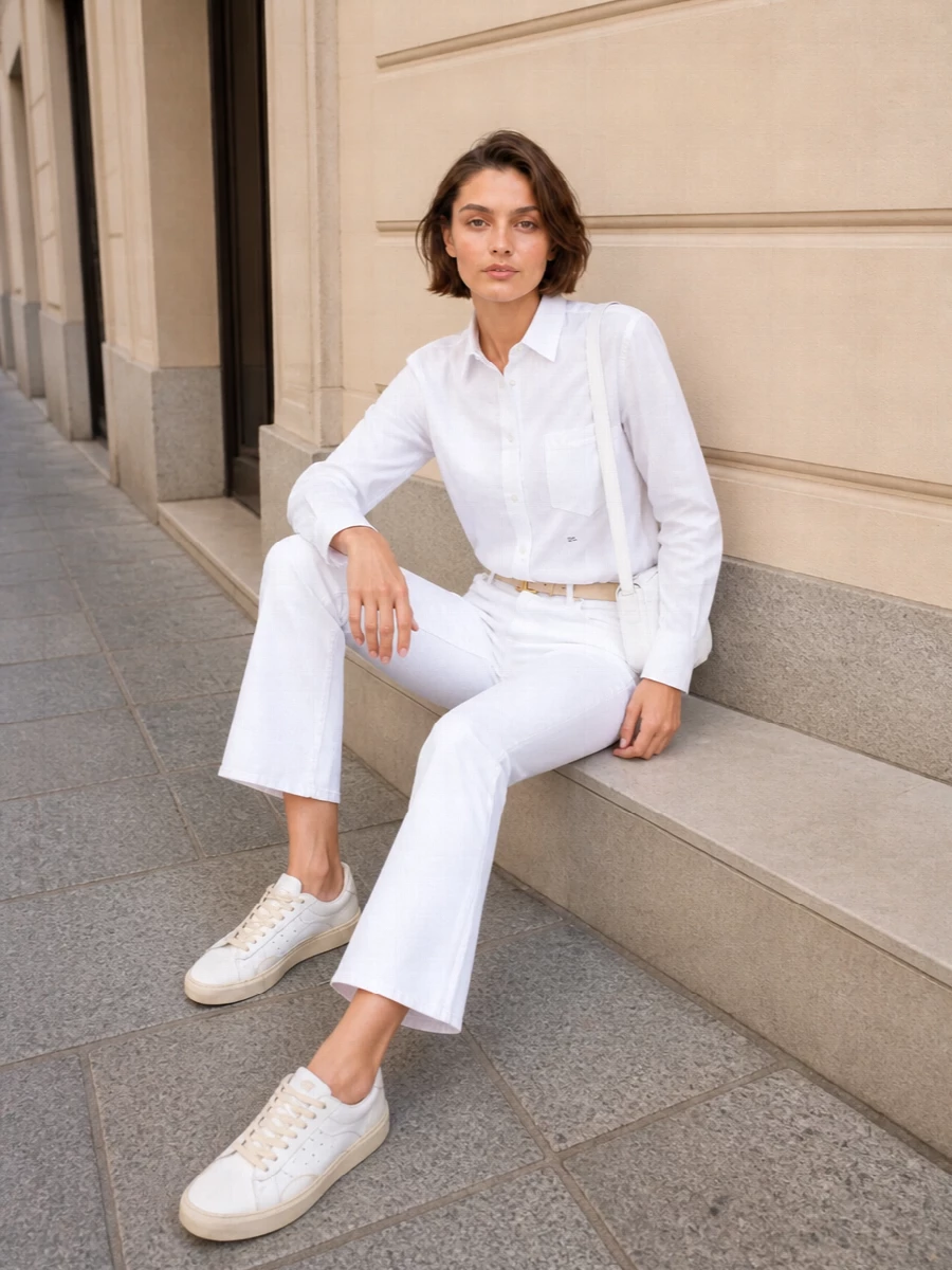 Dsquared2 white cropped flares with white shirt