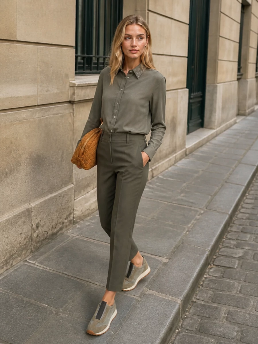 Olive slip on sneakers cropped trousers outfit