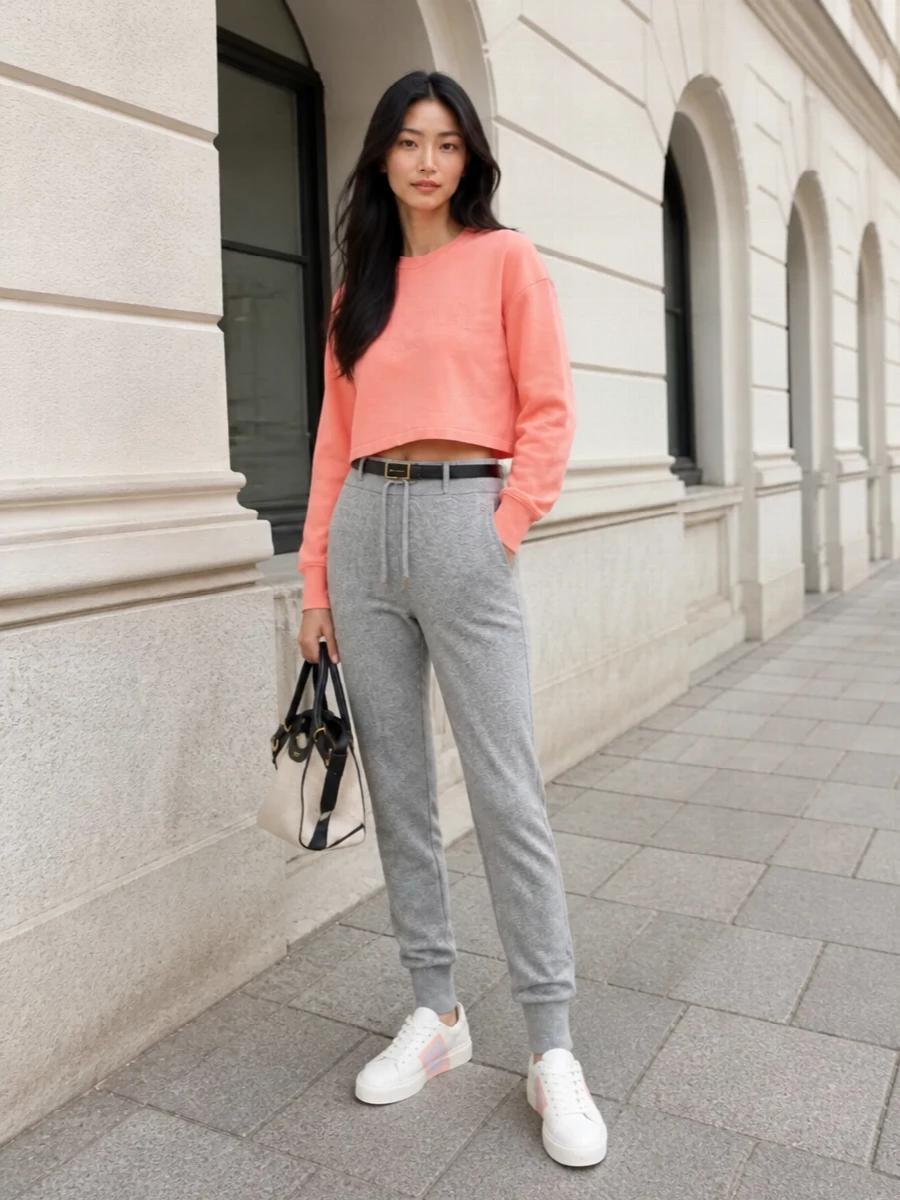 Balmain coral cropped sweatshirt grey joggers outfit