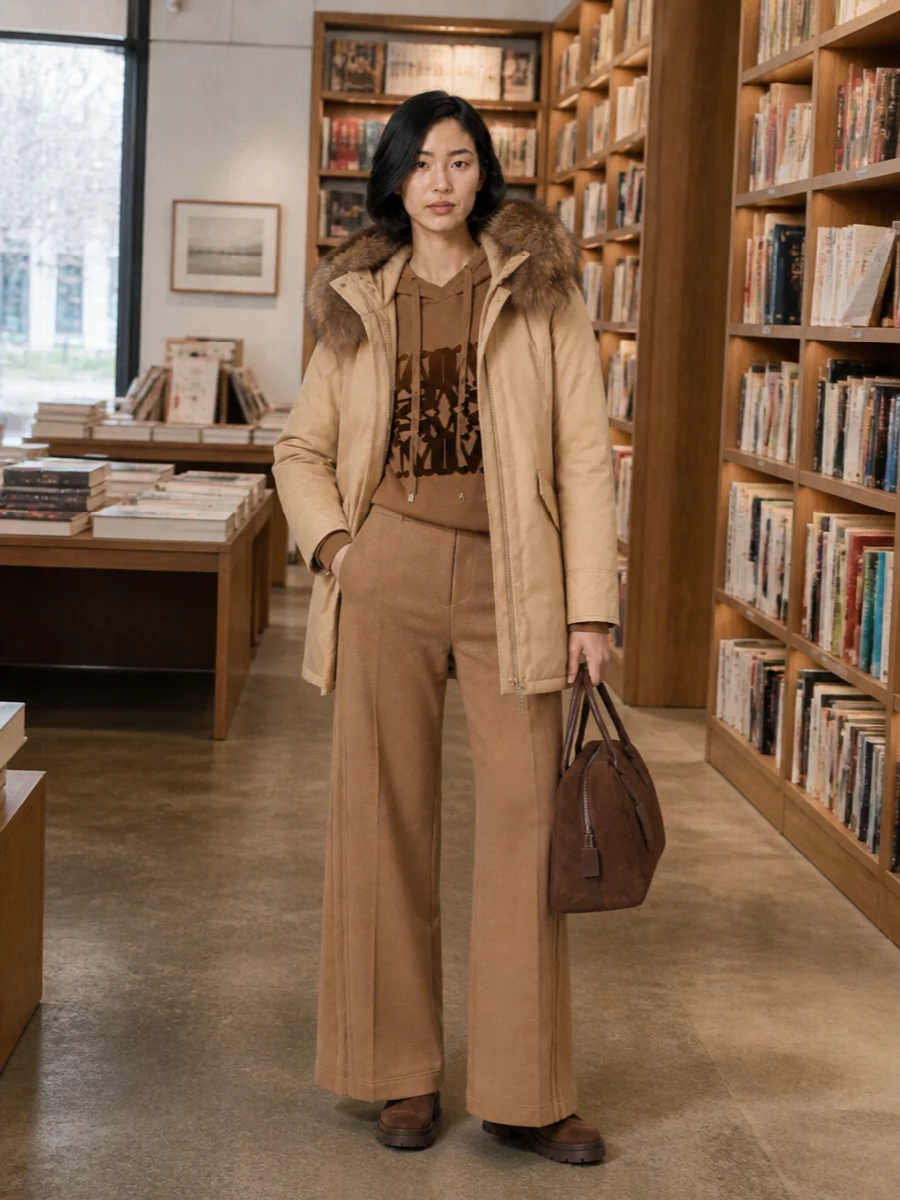 Max mara camel parka wide leg trousers outfit