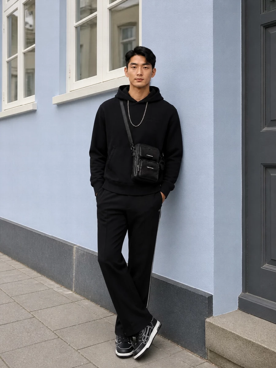 A stealth Ambush-on-Ambush base in black and charcoal keeps everything tight, graphic and quietly sharp. Straight-leg trousers prevent the hoodie from feeling too slouchy, while the monochrome Amiri sneakers and compact Balenciaga crossbody lean into hardware details instead of loud branding. The result is a precise, city-ready uniform that reads relaxed but very considered from head to toe.