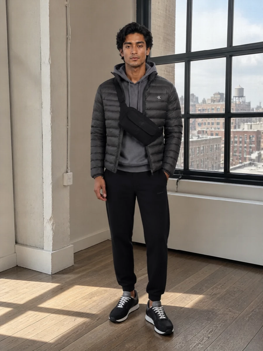 Calvin klein padded jacket joggers sneakers outfit