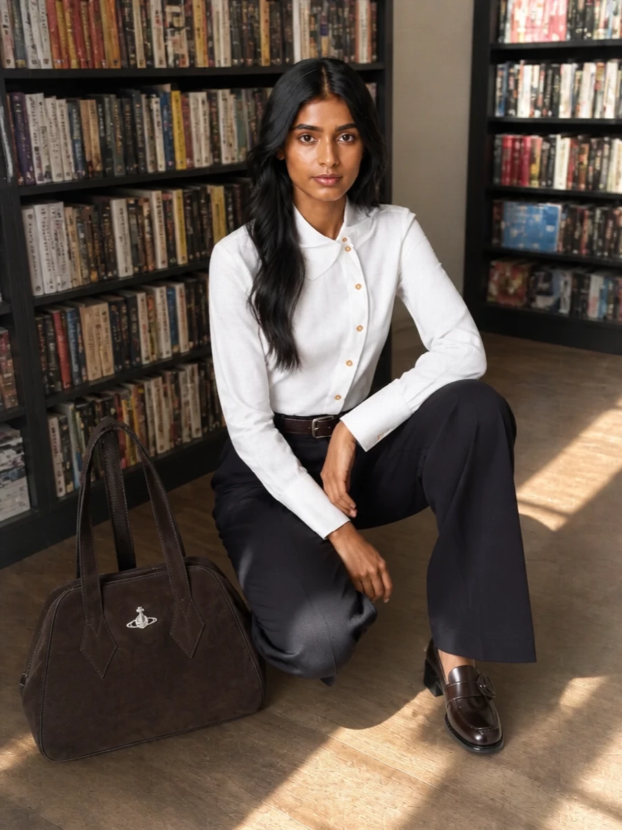 Deep navy wide-leg tailoring meets a sharply cut asymmetric white shirt for a clean, modern take on office polish. Brown leather accents in the Prada loafers, Valentino belt and Westwood top-handle echo the trouser’s button, pulling the palette into a controlled, quietly luxurious story. The result is long-lined, balanced suiting that feels considered from client meeting through to dinner reservations.