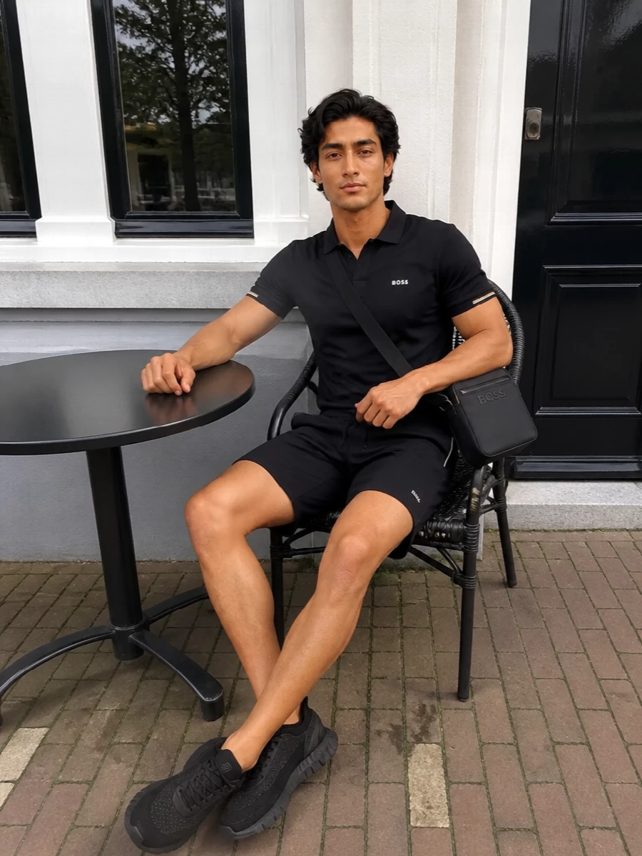 A monochrome sport set built around the black track short stays sharp with a clean black polo that quietly repeats its warm contrast details. Fully tonal sneakers and a compact crossbody keep the profile streamlined, ideal for easy transitions from training to city errands. The result is athletic, modern and considered without tipping into loud branding or heavy graphics.