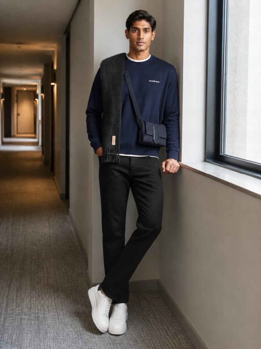 Acne studios navy tee black jeans white sneakers