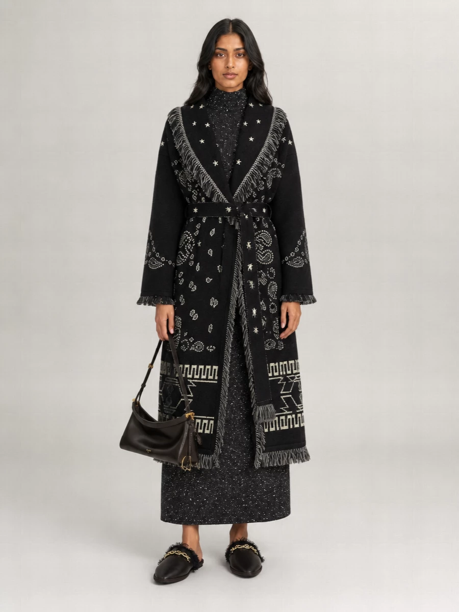 Alanui Virgin Wool Belted Fringed Long Coat