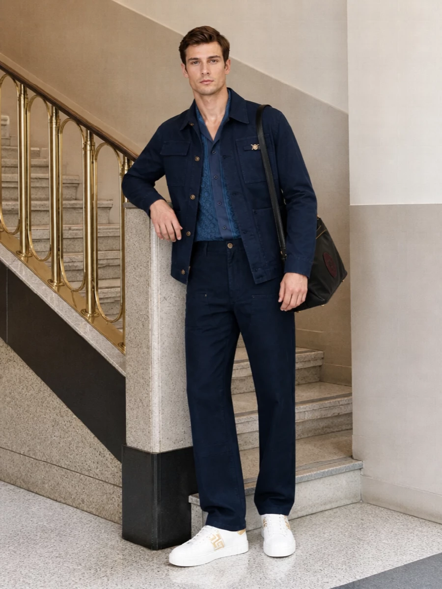 Versace navy workwear jacket white sneakers outfit
