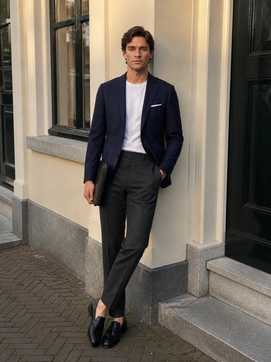 Tagliatore navy blazer charcoal trousers outfit