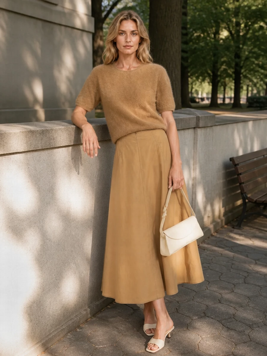 Jil sander camel midi skirt neutral outfit