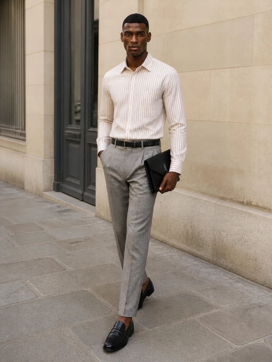 Saint laurent stripe shirt checked trousers outfit
