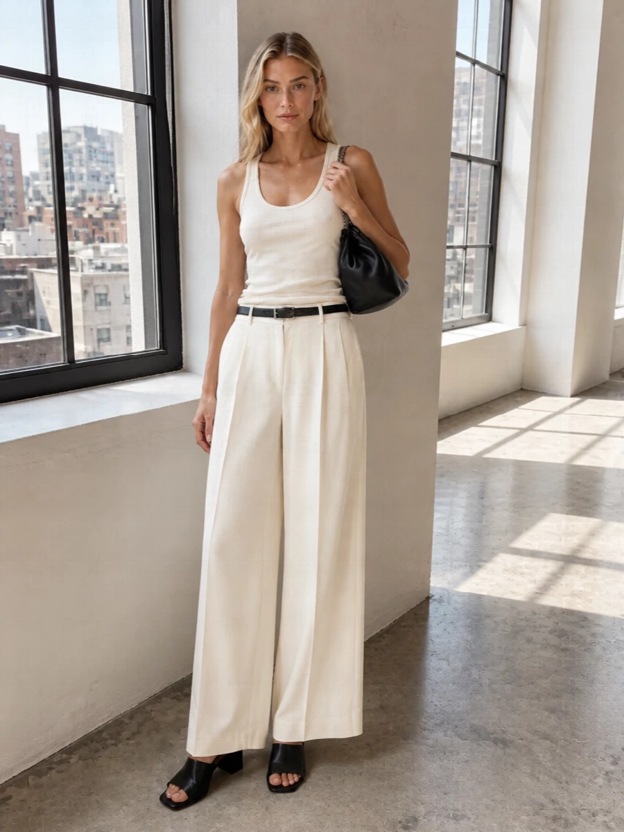 An ivory Ann Demeulemeester tank sits over Totême’s wide-leg trousers, creating a long, clean column that feels calm but intentional. Black Ann Demeulemeester mules, pouch and a slim belt sharpen the softness with a precise, graphic edge. The result is a quiet, modern uniform that moves easily from a warm city afternoon to an understated dinner.