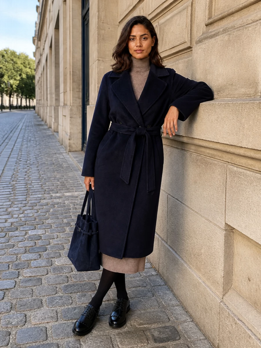 Max mara navy coat taupe knit midi dress outfit