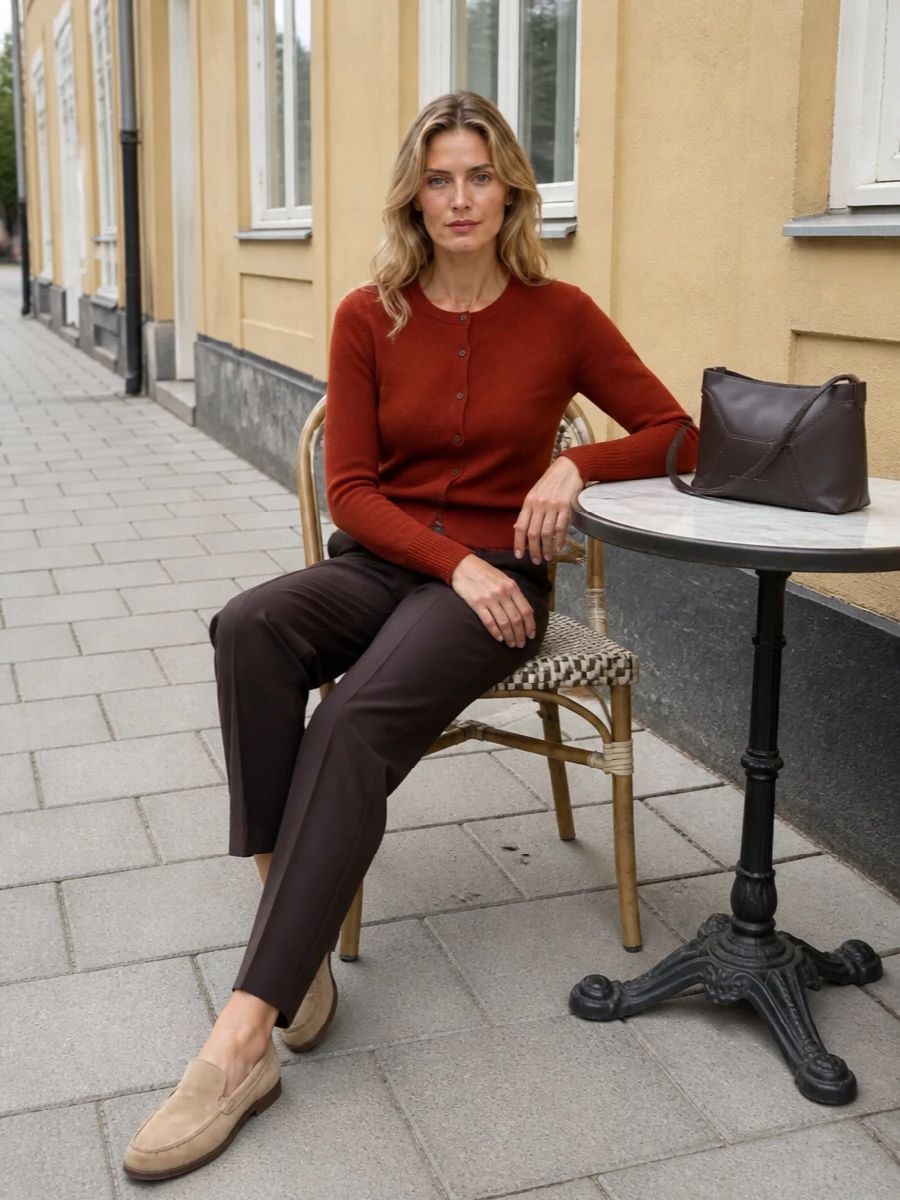 Guest in residence rust cardigan brown trousers