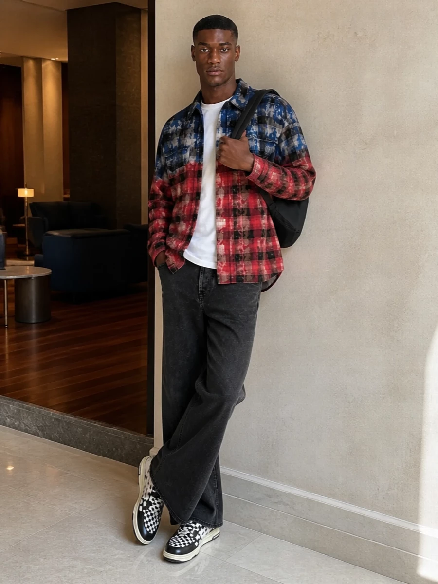Palm angels plaid overshirt black flared jeans