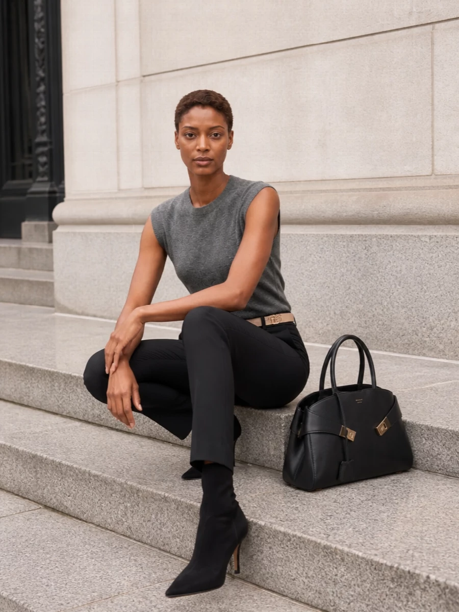 Ferragamo grey knit black tailored trousers