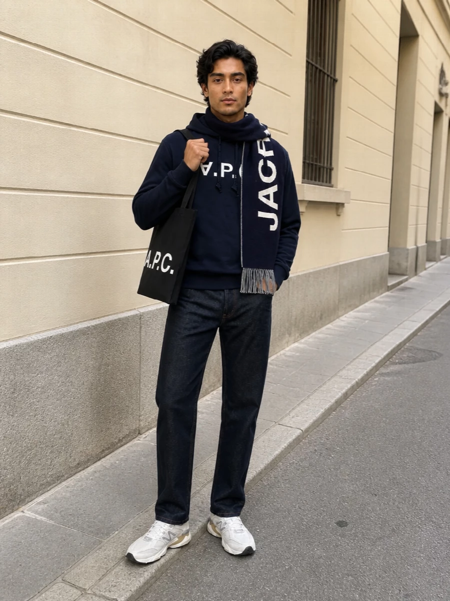 Apc navy hoodie dark denim new balance sneakers