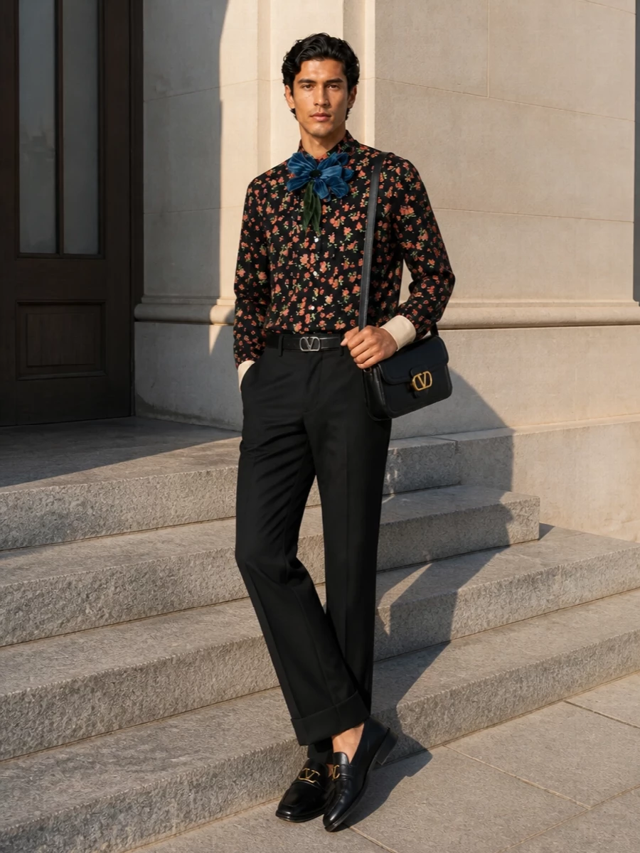 Valentino floral bow shirt black tailored trousers