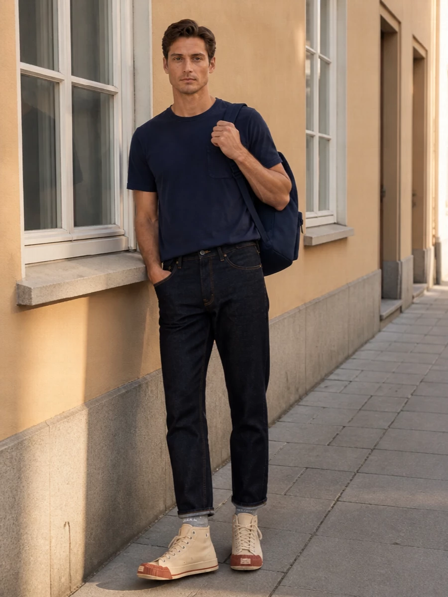 Visvim navy tee raw indigo ami jeans outfit