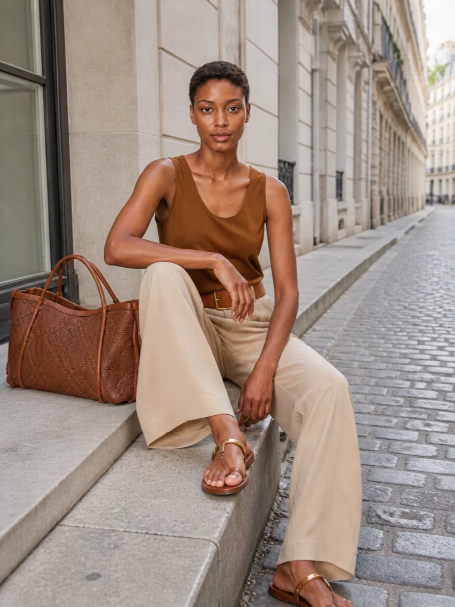 Rich caramel and sun-faded beige sit together in a calm, tonal palette that feels considered without being formal. The fluid tank and pull-on wide-leg trouser create a long, easy line, then the tan belt and woven bucket bag add just enough structure and texture to keep the outfit quietly precise for warm city days. It is an unfussy combination you can live in from morning coffee to dinner on a terrace.