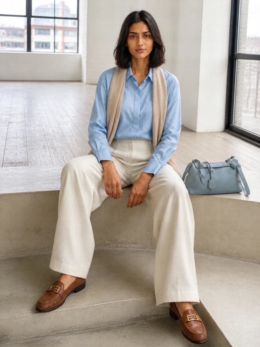 Powder blue and ivory sit together in a clean, elongated silhouette that feels precise but never stiff. The wide-leg trouser balances the relaxed shirt, while tan leather and sand beige accents keep the palette warm and understated. It is a quietly confident outfit for days when you want tailoring to feel soft, modern and considered.