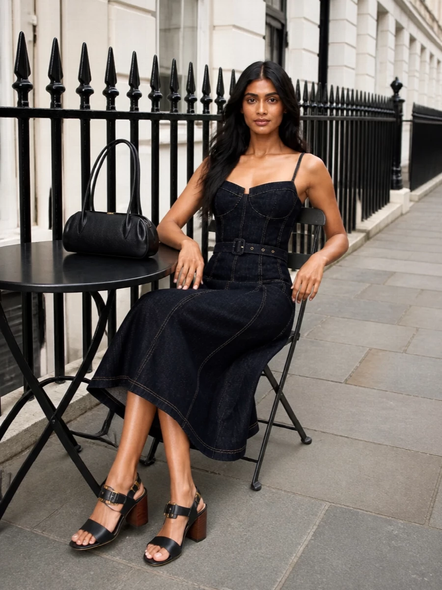 A dark, tailored denim midi is sharpened with structured black accessories, keeping the palette tight and the lines clean. The mid-heel slingback and compact baguette add just enough polish for warm city days that slide into dinner. It is quiet and confident, with subtle hardware as the only shine.