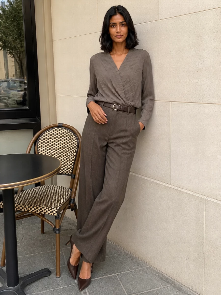 A tonal play of taupe and chocolate creates a long, uninterrupted line that flatters the high-waisted wide-leg trouser and feels composed for serious days and late dinners alike. The pleated taupe blouse softens the precision of the tailoring, while the brown stiletto and structured top-handle bag sharpen the mood without breaking the quiet palette. A slim dark belt is the only graphic note, simply punctuating the waist and letting the textures and cut do the work.