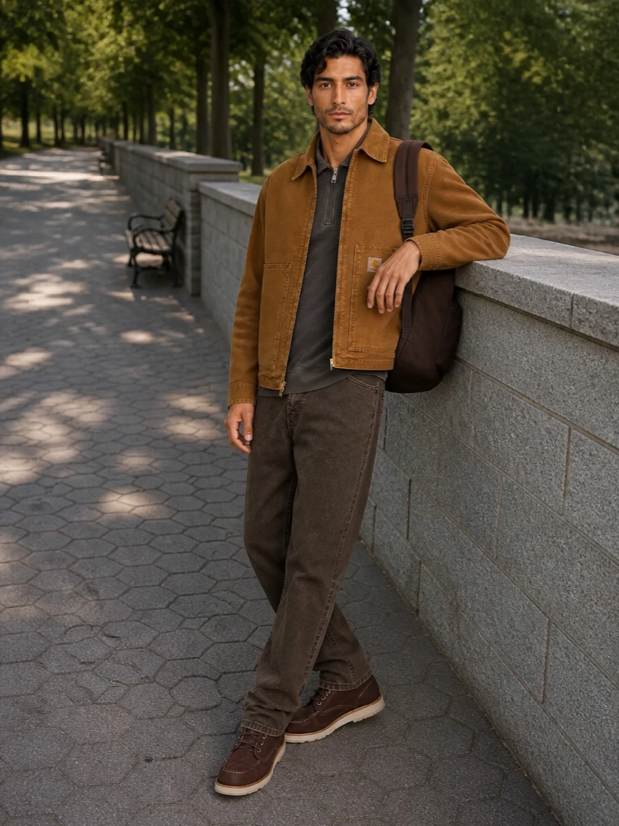 Carhartt canvas jacket brown denim boot outfit