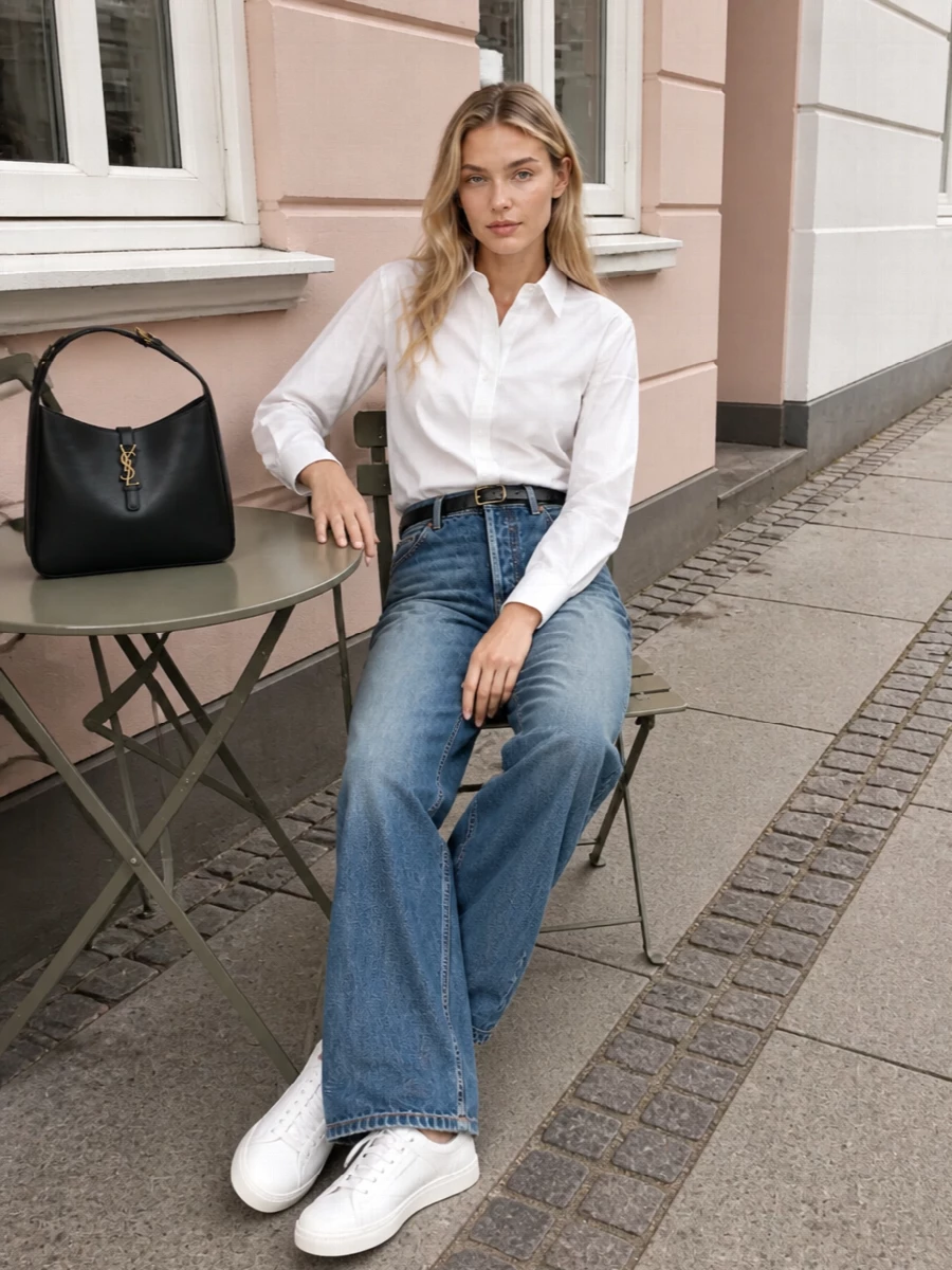 Saint laurent wide leg jeans white shirt sneakers