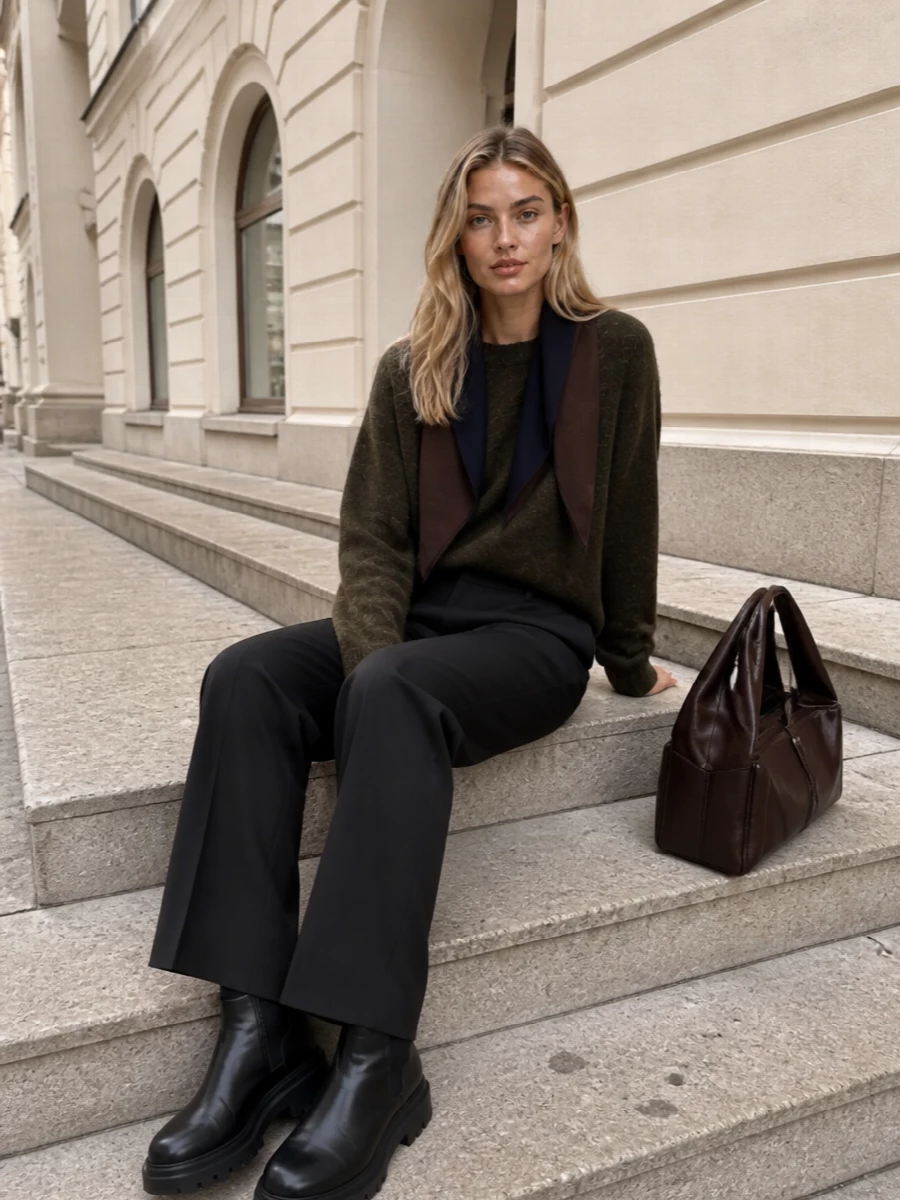 Frankie shop olive sweater charcoal trousers outfit