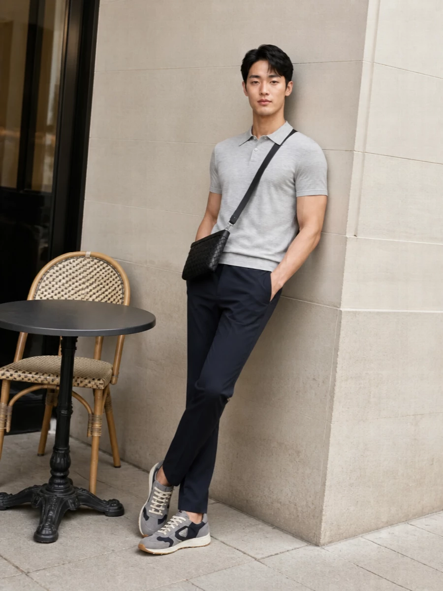 Prada runners grey knit polo navy trousers