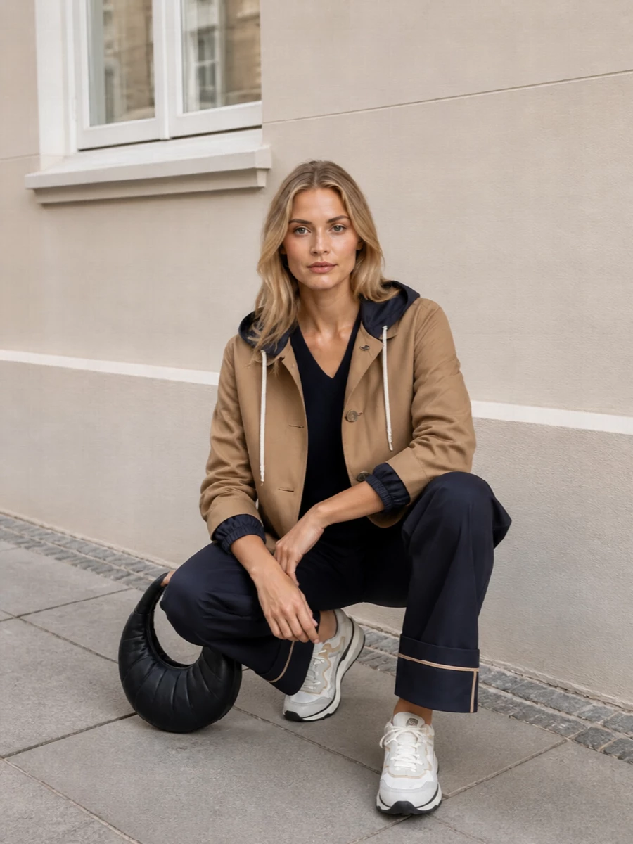 Herno camel jacket navy trousers outfit