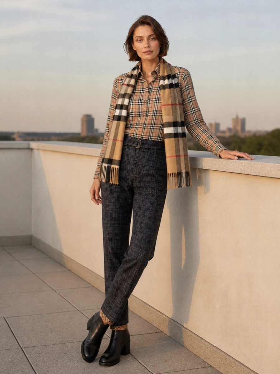 Burberry check shirt charcoal trousers boots
