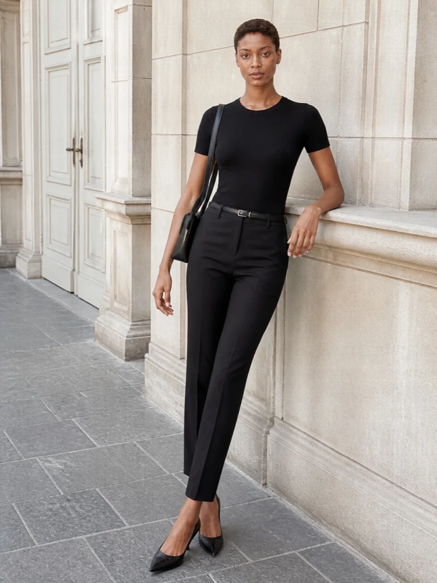 A fine-knit black tee and straight-leg tailored trousers form a quiet, uninterrupted column of black that feels considered without trying. Sculpted pumps sharpen the silhouette, while a curved shoulder bag and slim belt introduce just enough detail to read as intentional, not ornate.