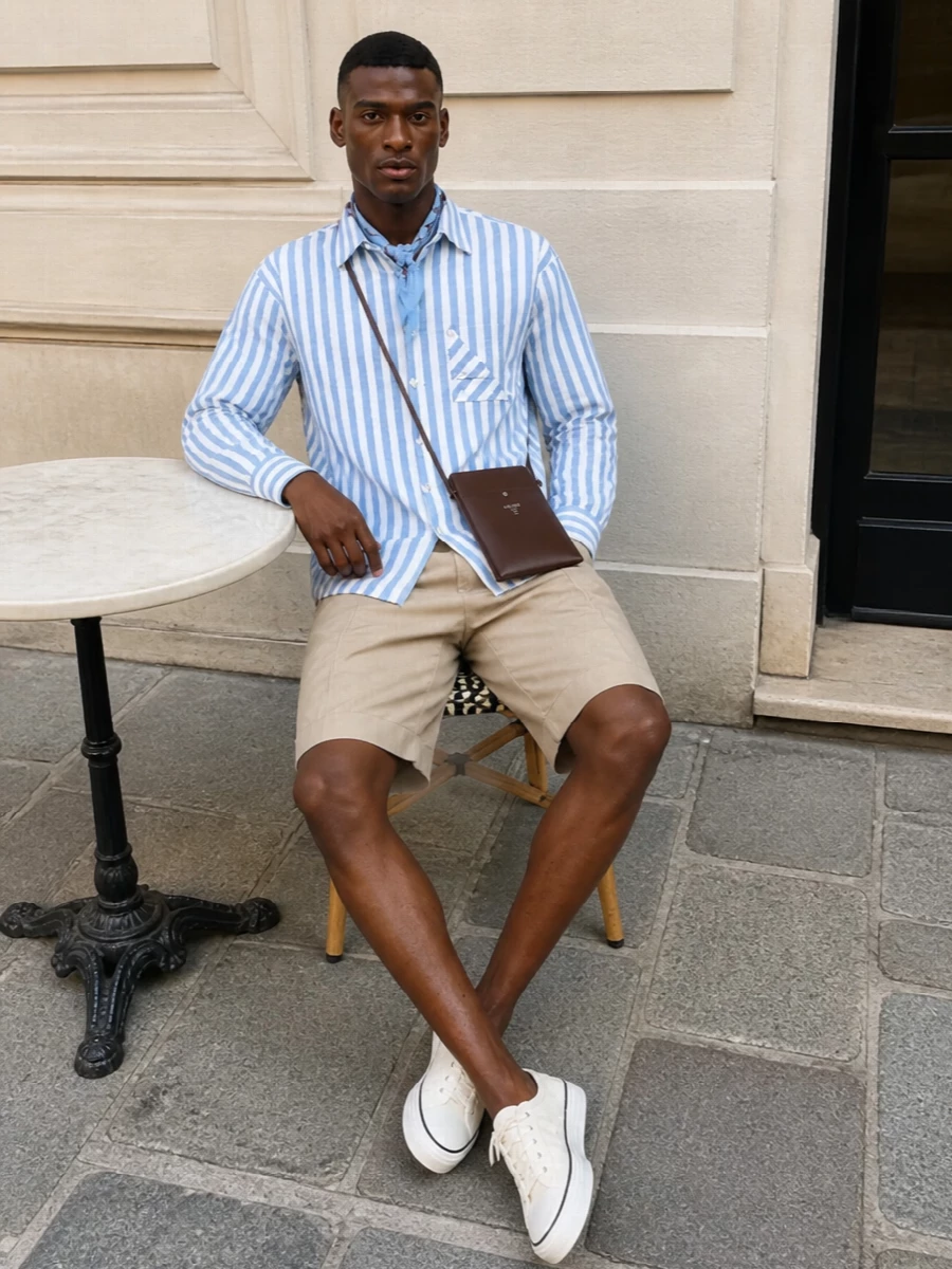 A relaxed blue-and-white striped Jacquemus shirt is grounded by tailored light-beige knee-length shorts for a clean, Riviera take on summer smart-casual. Off-white canvas sneakers keep the attitude easy but considered, while a slim chocolate leather crossbody and a sky-blue neck scarf add discreet sophistication and depth to the palette. The result is an airy, quietly luxurious look that moves effortlessly from city brunch to seaside terrace drinks.