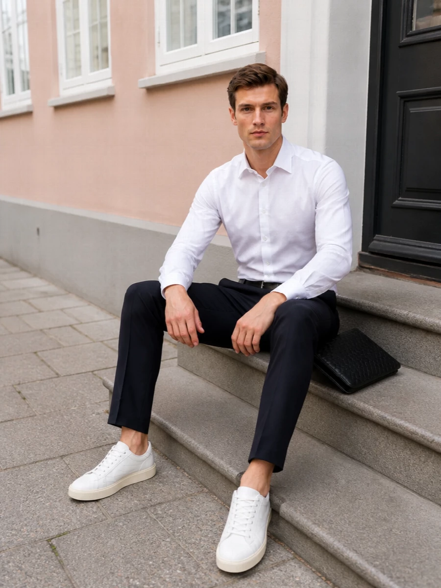 Dolce gabbana white shirt navy trousers outfit