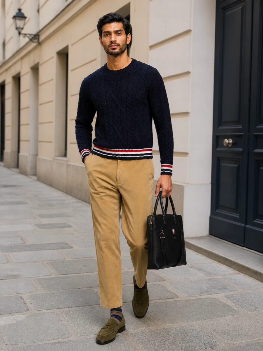Camel corduroy trousers are grounded with a navy Thom Browne cable-knit, creating a warm, collegiate take on quiet luxury that still reads polished. Olive suede loafers and a structured black leather brief refine the look for city days, while the navy-and-camel socks pull the whole palette together in a discreetly playful way.