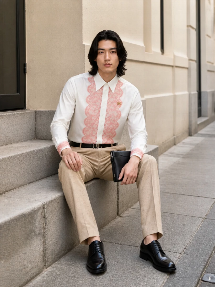 Dolce gabbana lace shirt beige trousers outfit