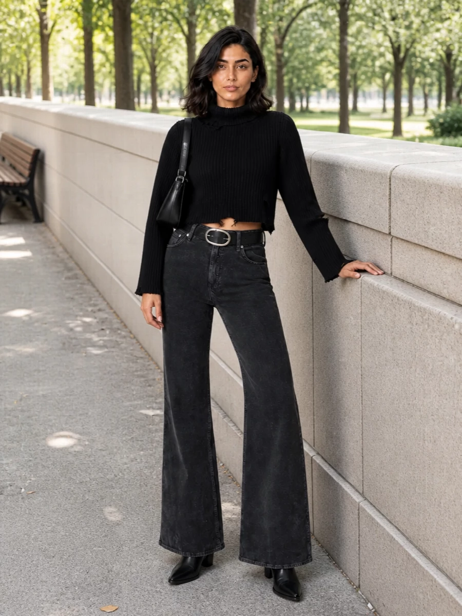 Haikure flared jeans black knit chelsea boots