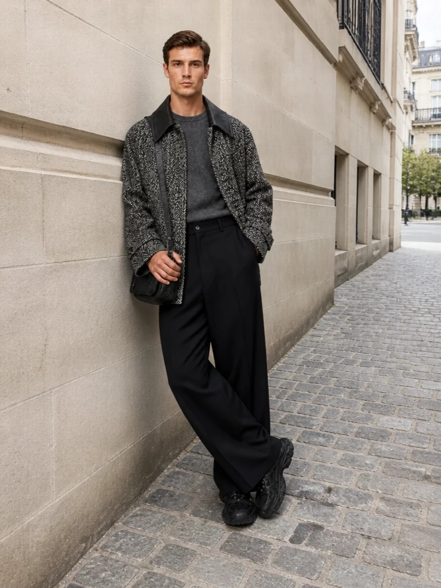 Balenciaga herringbone coat wide leg trousers