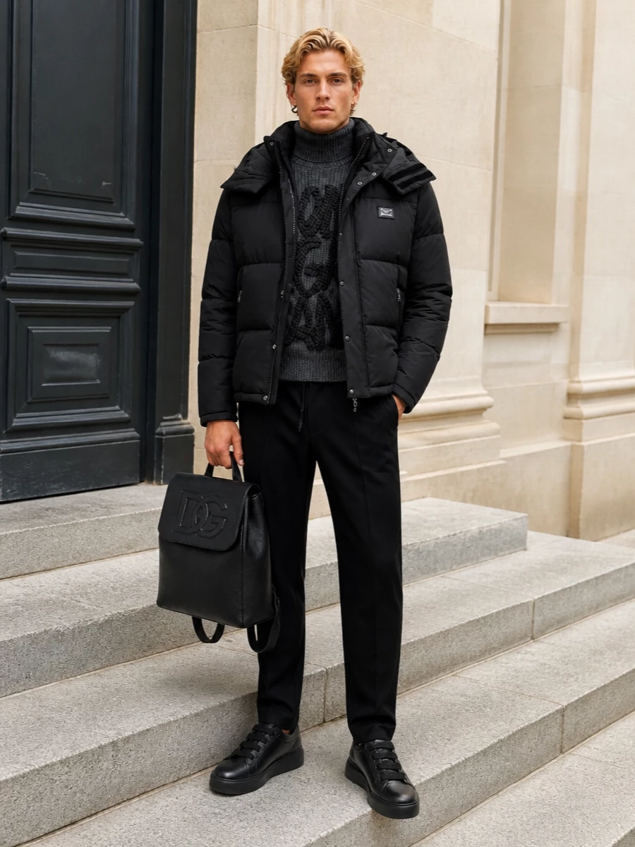 Dolce gabbana puffer joggers sneakers outfit