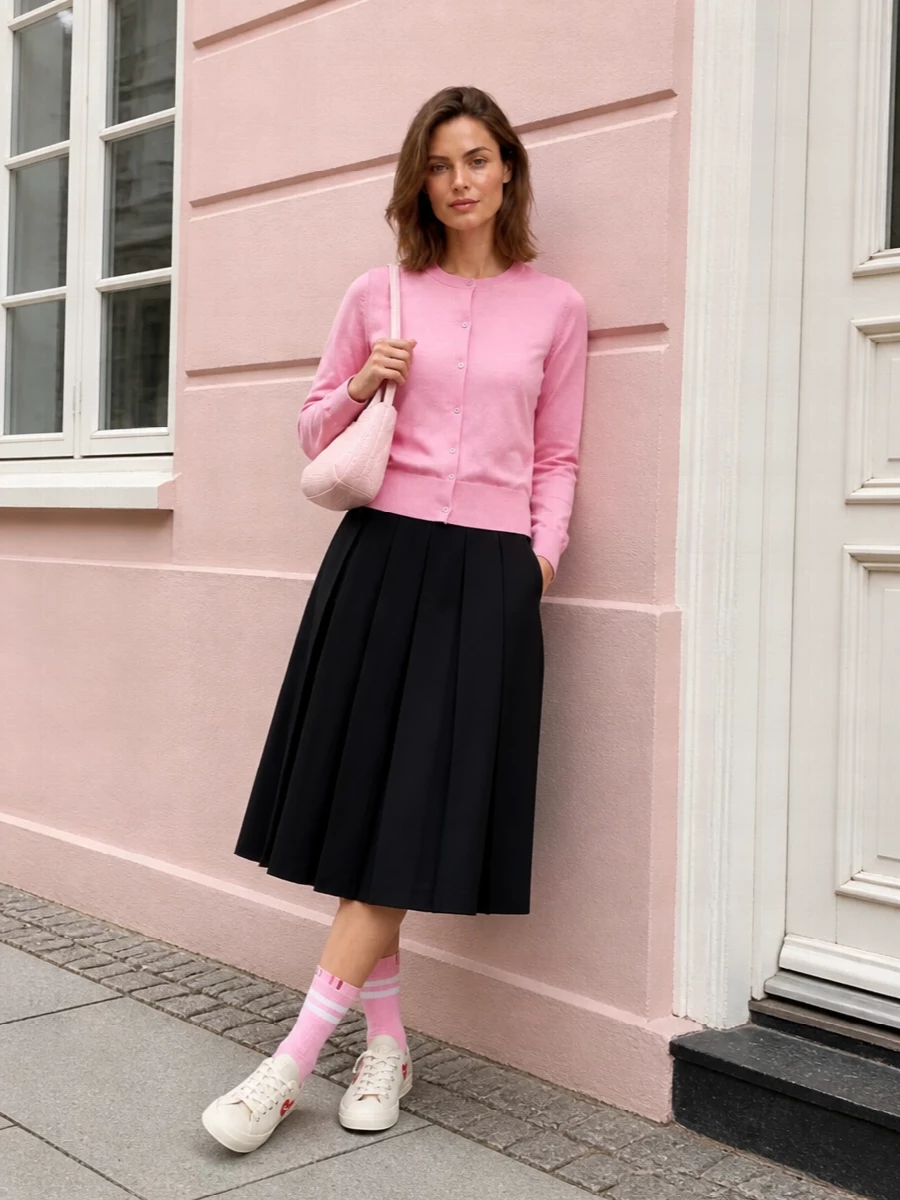 Cdg pink cardigan black pleated midi outfit