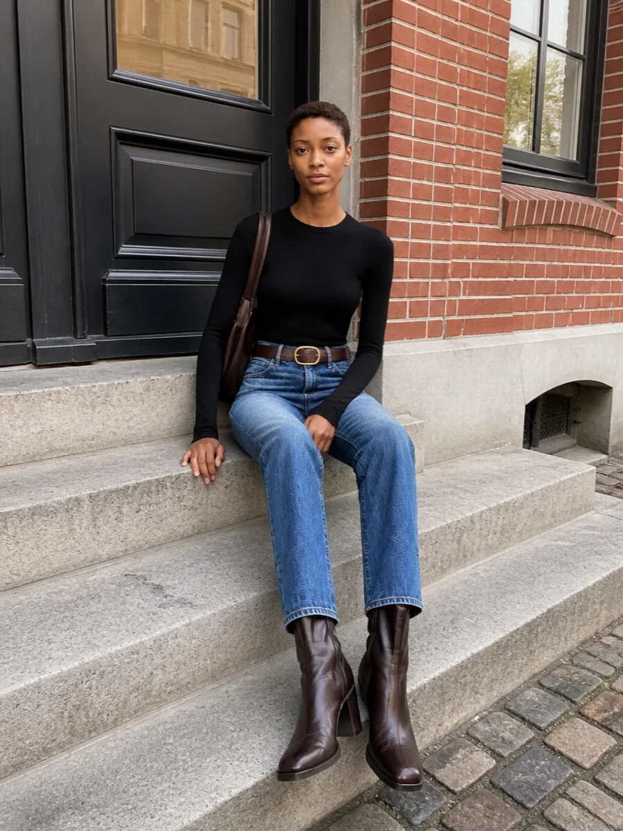 Mother jeans black top brown ankle boots