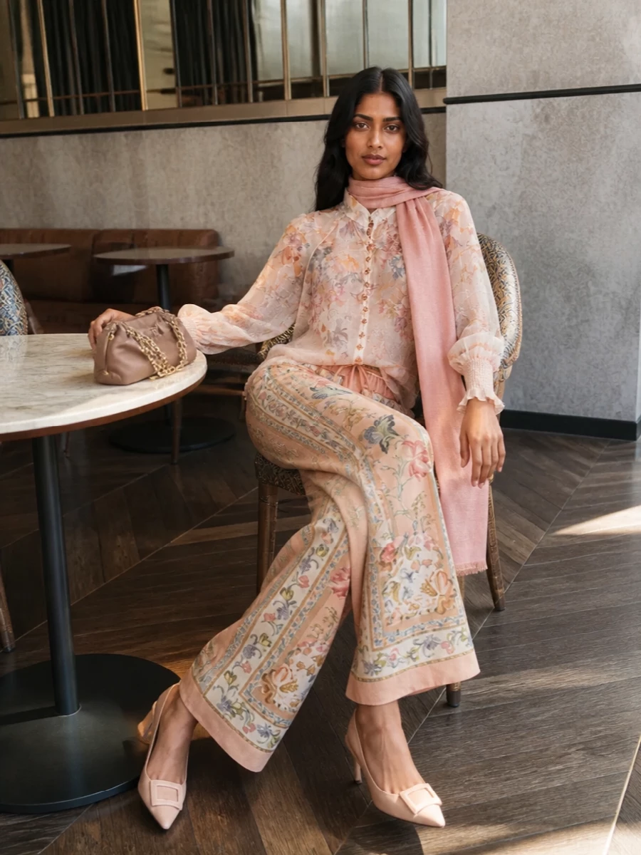 Zimmermann floral blouse wide leg trousers outfit