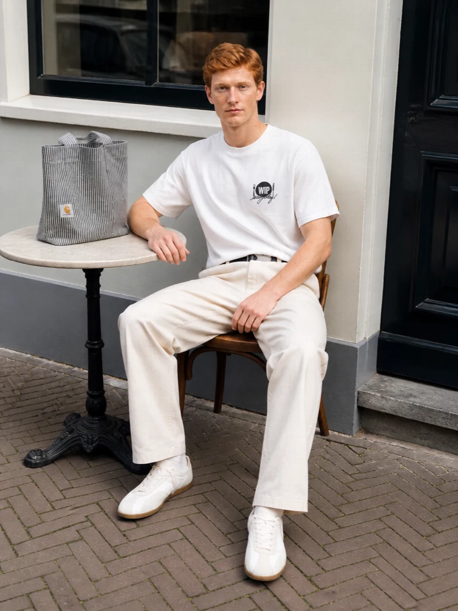 Carhartt off white tee cream pants outfit