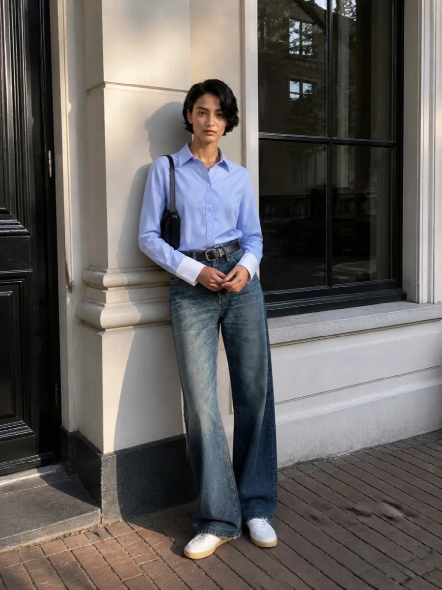 Acne studios wide leg jeans blue shirt sneakers