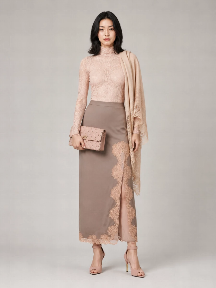 A blush lace second-skin bodysuit flows into a taupe midi traced with matching lace, reading as one continuous, romantic column. Blush ankle-strap heels and a quilted blush bag keep the palette soft and intentional, while a featherlight lace-trim wrap adds warmth without breaking the line. The result is sensual, composed evening dressing that feels intimate yet impeccably refined.