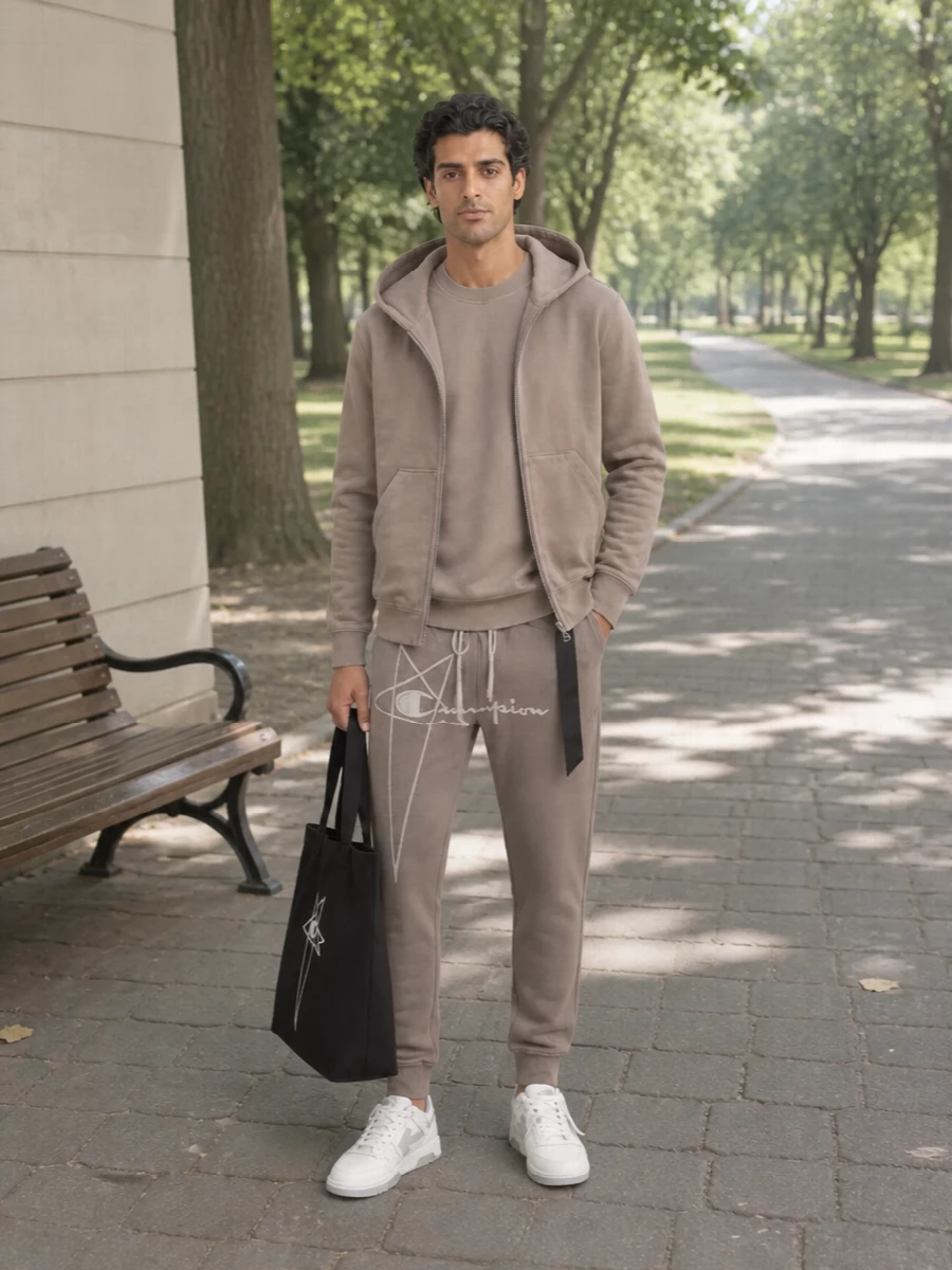 Rick owens taupe hoodie off white sneakers outfit