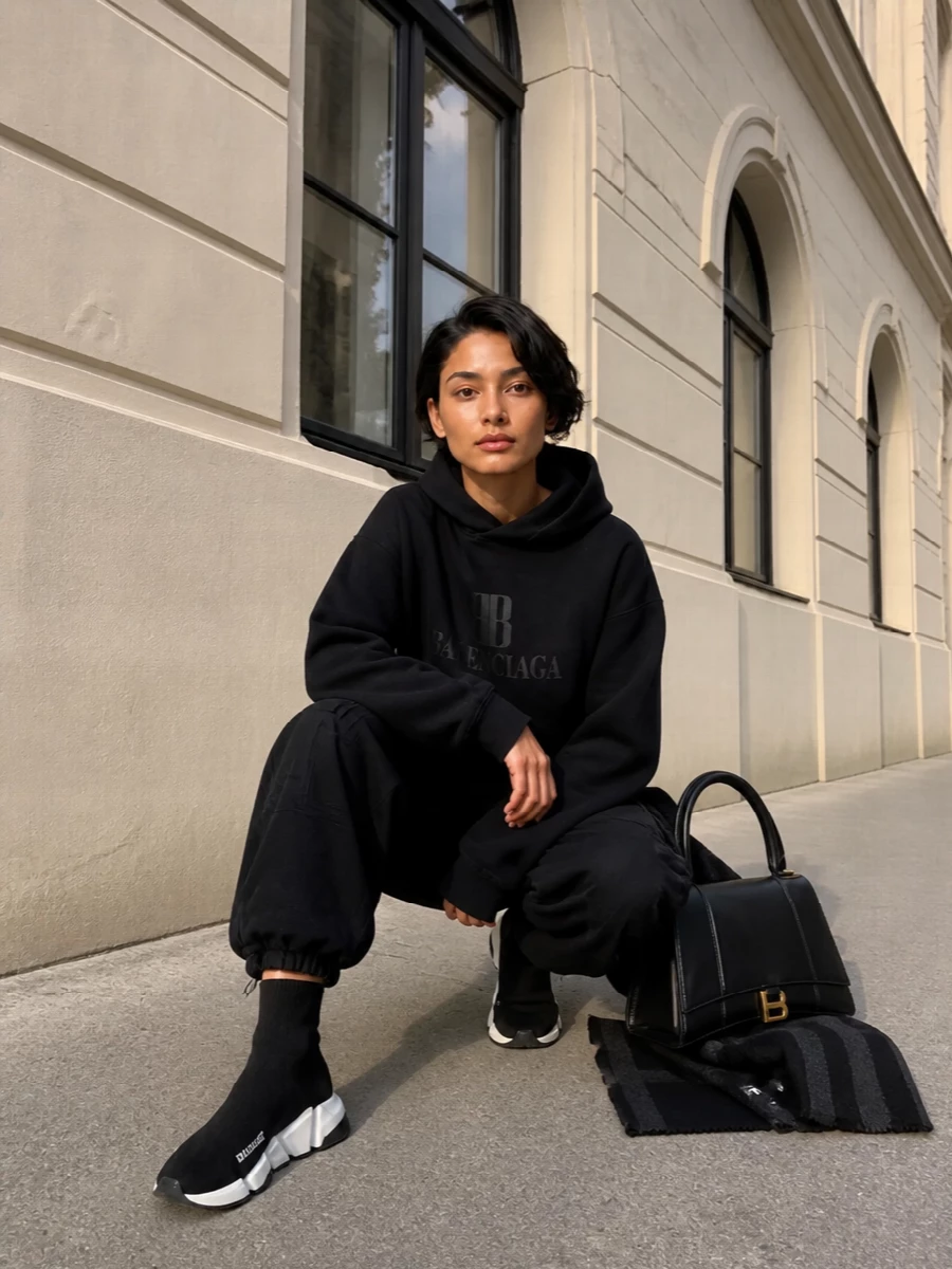 Head-to-toe Balenciaga black grounds the hoodie in a strong, urban silhouette, with the wide cargo pant adding structure and attitude. Sleek sock sneakers keep the proportions clean while the sharp trapeze bag and graphic scarf introduce a polished, city-ready finish. It is a quietly powerful street uniform that feels as considered as it is comfortable.