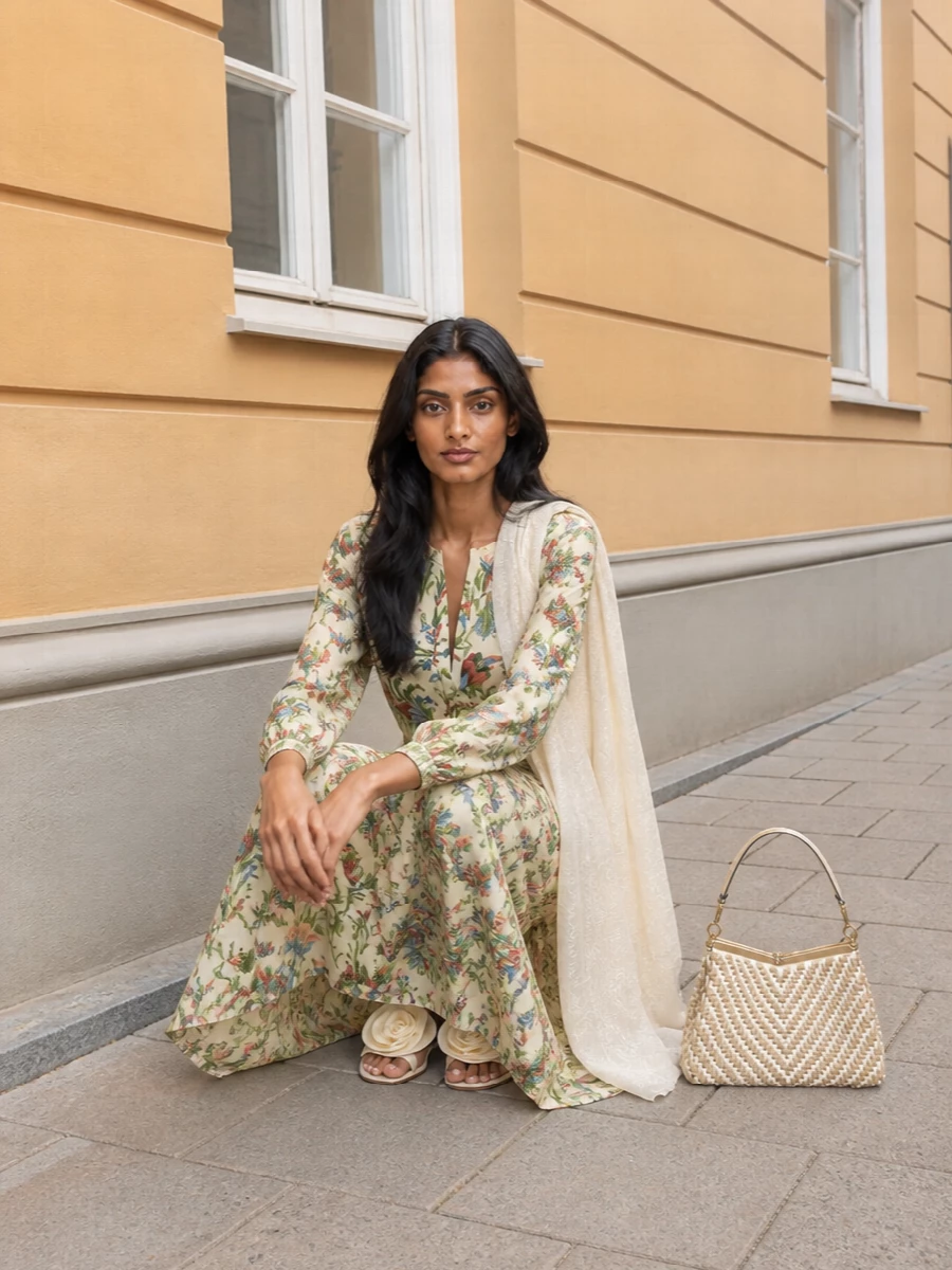 Etro’s pleated botanical maxi meets a matching floral blouse for a coordinated, romantic statement in soft ivory, leaf green and crimson. Buttercream rose-topped sandals and a structured woven top-handle keep the mood sunlit and polished, perfect for garden parties or al fresco dinners. A whisper-light ivory stole finishes the ensemble with a gentle, romantic glow rather than more pattern.