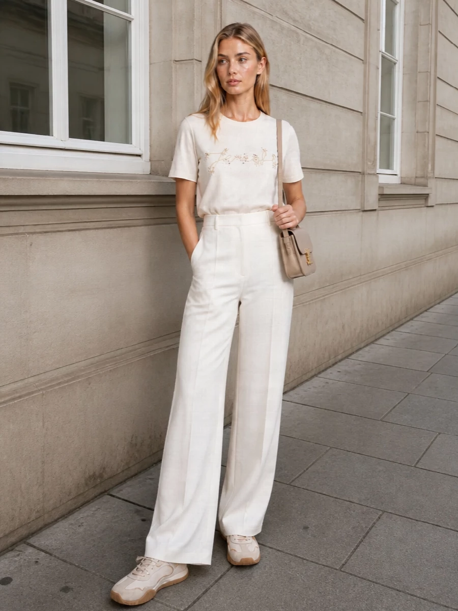 Fendi ivory tee wide leg trousers outfit